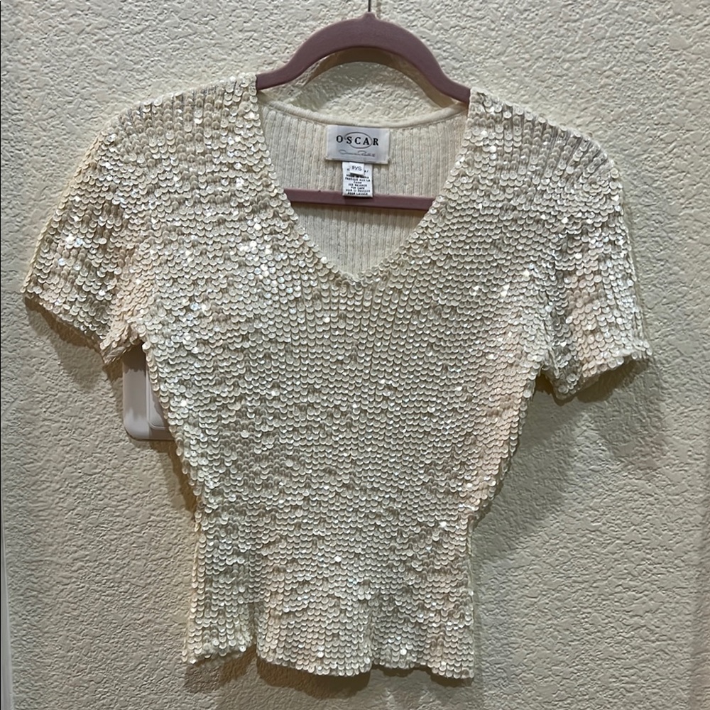 Oscar de la Renta Vintage V-Neck Cream Short Sleeved Sequined 100% Cotton